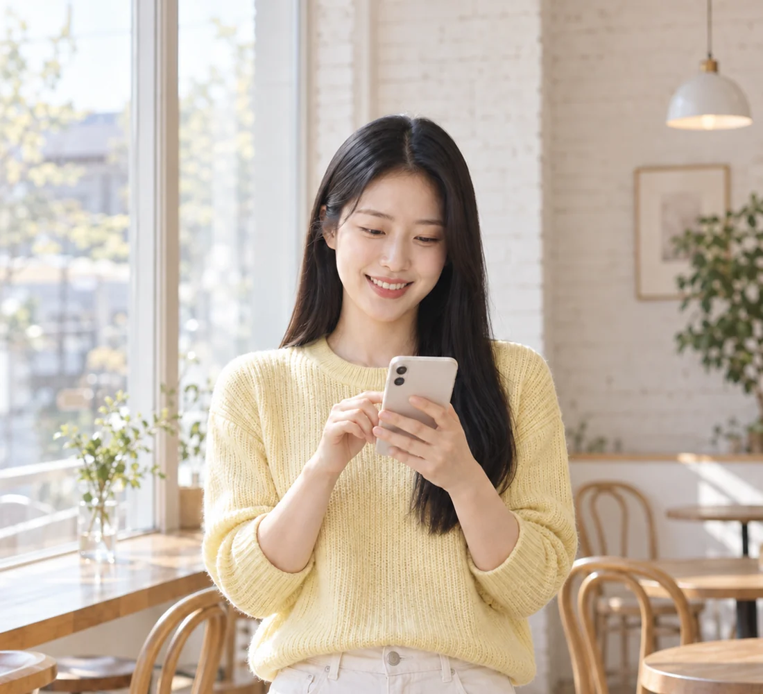 밝은 상담실에서 휴대전화로 문자 상담을 하며 웃는 고객